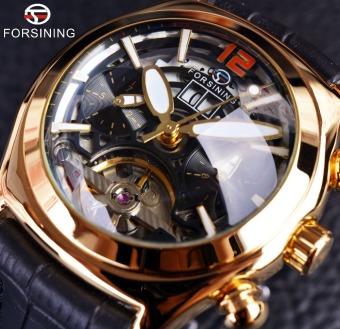 Mens Watches Top Brand Luxury Automatic Clock Tourbillion 3D Designer Genuine Leather Strap (GOLD)  
