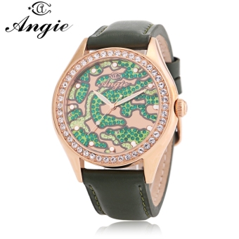 MiniCar Angie ST710906 Women Quartz Watch 3ATM Luminous Genuine Leather Strap Rhinestone Dial Wristwatch Golden green(Color:Golden green) - intl  