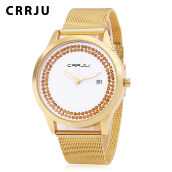 MiniCar CRRJU 2102 Female Quartz Watch Artificial Crystal Dial Date Display Stainless Steel Mesh Band Wristwatch Golden(Color:Golden) - intl  