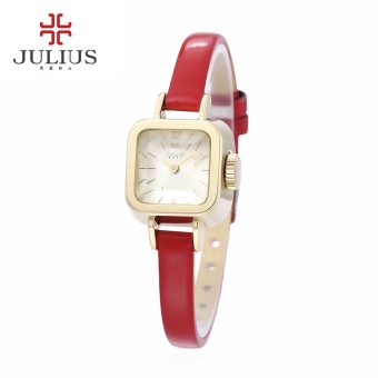 MiniCar Julius JA - 496 Female Quartz Watch 3ATM Genuine Leather Band Stereo Cut Mirror Square Dial Wristwatch Gold and red(Color:Gold and red) - intl  