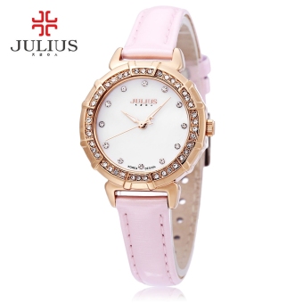 MiniCar Julius JA - 757 Women Quartz Watch 3ATM Rhinestone Dial Bezel Slender Genuine Leather Band Wristwatch Pink(Color:Pink) - intl  