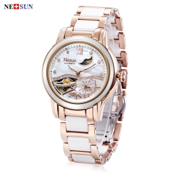 MiniCar NESUN LS9071 Women Auto Mechanical Watch Artificial Diamond Lotus Pattern Dial Moon Phase Display Wristwatch Golden(Color:Golden) - intl  