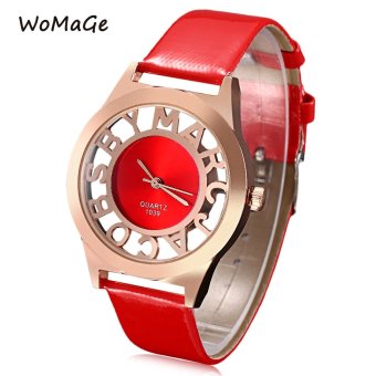 MiniCar WOMAGE 1039 Female Quartz Watch Letter Pattern Transparent Dial Back Cover Leather Band Wristwatch Red(Color:Red) - intl  