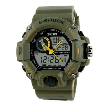 New Mens LED Digital Date Alarm Waterproof Rubber Sports Analog Watch Wristwatch Army Green - intl  