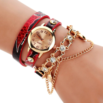 Gambar New Women Dress Quartz Wristwatch Snake Leather Bracelet Gold Watch Red