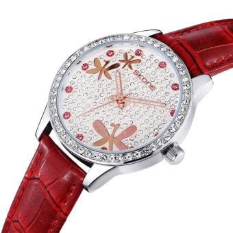 oxoqo SKONE Luxury Brand Fashion Watches Women Rhinestone Leather Strap Watch Ladies Butterfly Reloje Mujer Relogios (Red)  