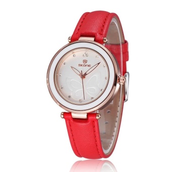 oxoqo SKONE Rhinestone Hours Marker Fashion Watches Women Brand Analog Quartz-watch Ladies Leather Watch Shock Resistant relojes mujer (Red)  