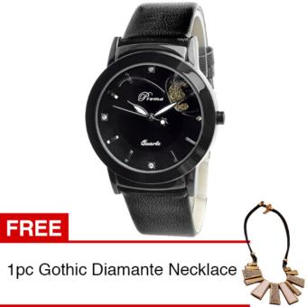 PREMA Jam Tangan Analog Wanita Strap Kulit Sintetis Women Leather Fashion Wrist Watch - Black + Gratis 1pc Gothic Diamante Necklace  