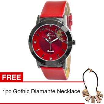 PREMA Jam Tangan Analog Wanita Strap Kulit Sintetis Women Leather Fashion Wrist Watch - Red + Gratis 1pc Gothic Diamante Necklace  