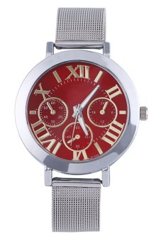 Sanwood® Unisex Roman Numerals Silver Tone Mesh Band Quartz Watch Red  