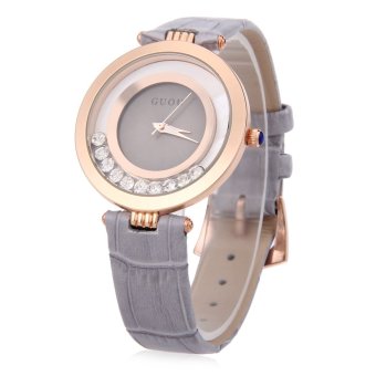 SH GUOU 8039 Female Quartz Watch Water Resistance Rolling Artificial Diamond Genuine Leather Band Wristwatch Gray - intl  