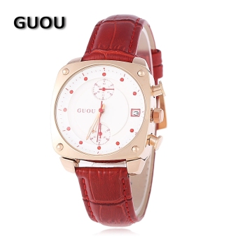 SH GUOU 8108 Women Quartz Watch Chronograph Artificial Diamond Scale Square Dial Calendar 3ATM Wristwatch Red - intl  