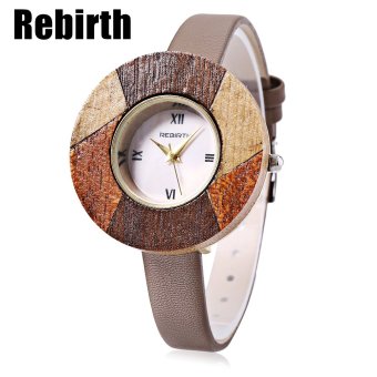 SH REBIRTH RE005 Female Quartz Watch Slender Leather Strap Wooden Case Water Resistance Wristwatch Khaki - intl  