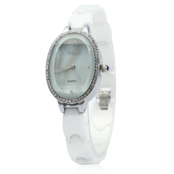 SH WeiQin W3216 Crystal Rhinestone Shell Oval Dial Female Quartz Watch with White Ceramic Strap Silver - intl  