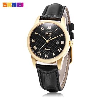 SKMEI 9058 Women Quartz Watch Date Display Roman Numerals Scale 30m Water Resistance Wristwatch(Black And Golden) - intl  