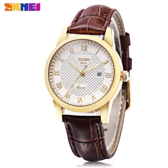 SKMEI 9058 Women Quartz Watch Date Display Roman Numerals Scale 30m Water Resistance Wristwatch(White And Brown) - intl  