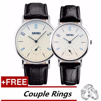 SKMEI Classic Lovers Couple Watch Women Men's Watches Quartz Waterproof Wrist Watches 9120 - Black White +Free Adjustable Lovers Rings [Buy 1 Get 1 Free] - intl  