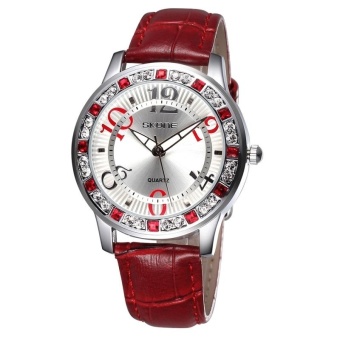 SKONE 2535 Women Fashion Rhinestone Case Quartz Movement PU Leather Wrist Watch(Red) - intl  