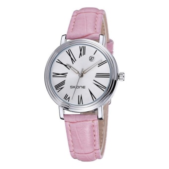 SKONE Hollow Hands Roman Number Scale Calendar Display Fashion Women Quartz Watch With Leather Band(Pink) - intl  