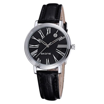 SKONE Hollow Hands Roman Number Scale Calendar Display Fashion Women Quartz Watch With Leather Band(Black) - intl  