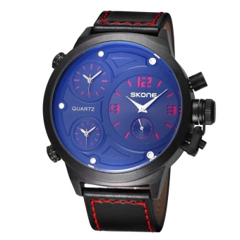 SKONE Round Dial Three Function Dials Fashion Sport Men Quartz Watch With PU Leather Band(Red) - intl  