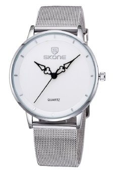 Skone Women Fashion Big Ultrathin Dial Steel Mesh Band Luxury Design Analog Quartz Lady Watch silver white  