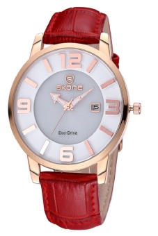 Skone Women Sunlight charging Eco-Drive Quartz Movement Scale Double Dial Lady Wristwatches red  