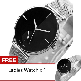 Special Promotion Womens Mens Lover Couple Quartz Stainless Steel Wrist Watch Black [Buy 1 Get 1 Free] - intl  