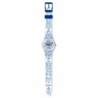 SWATCH GW171 - BLUE POETRY - Jam Tangan Wanita - Bahan Tali Silikon - Putih - Motif Bunga Biru  