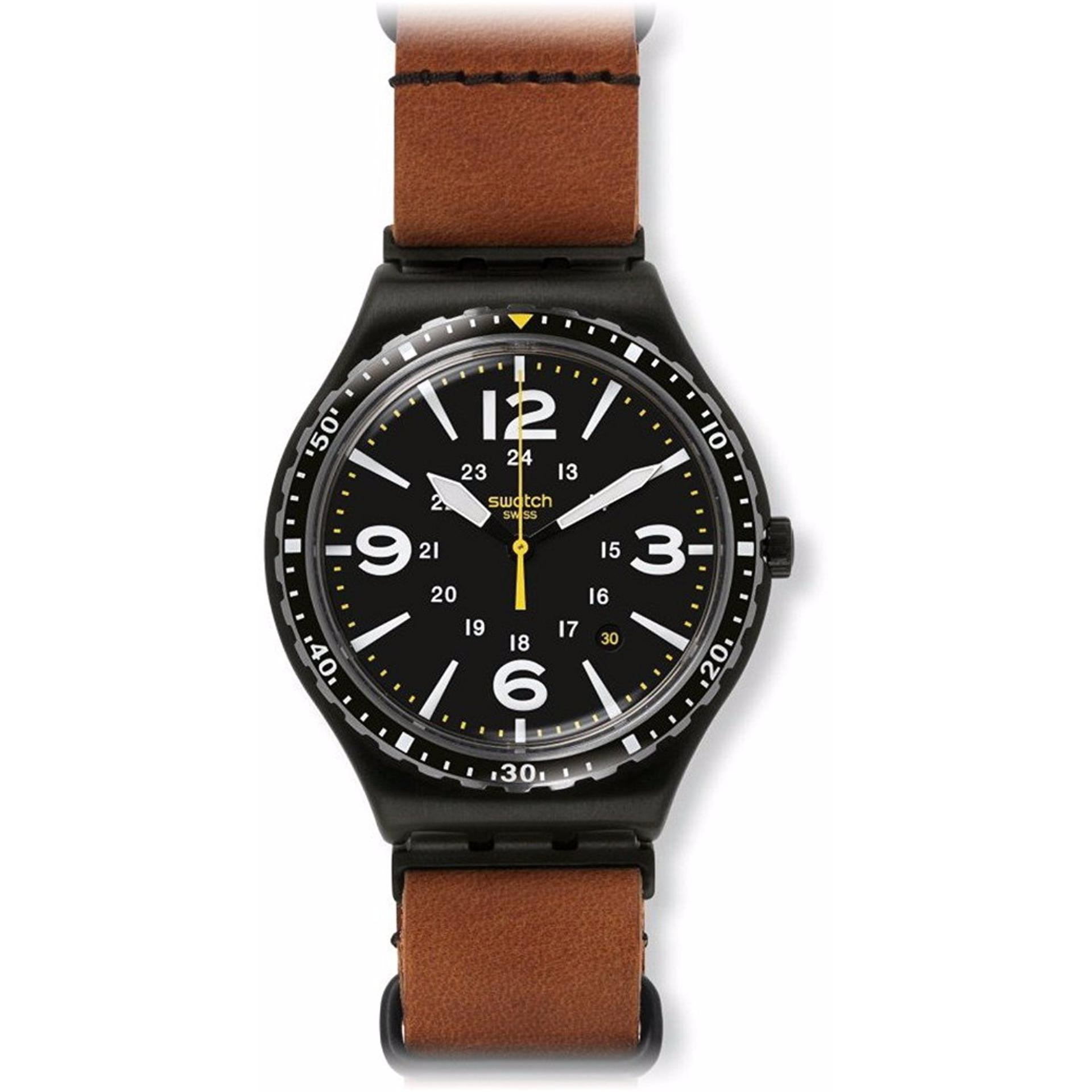 swatch jam tangan pria bening biru coklat tua gm415 swatch jam tangan pria bening biru coklat tua gm415