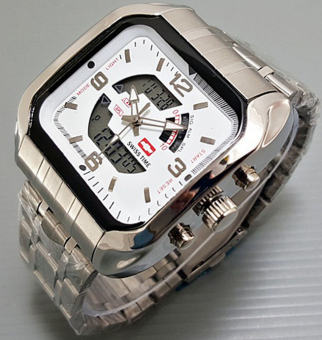 Swiss Time Dual Time - Jam Tangan Pria - Stainless Steel - 1075 Silver Putih  