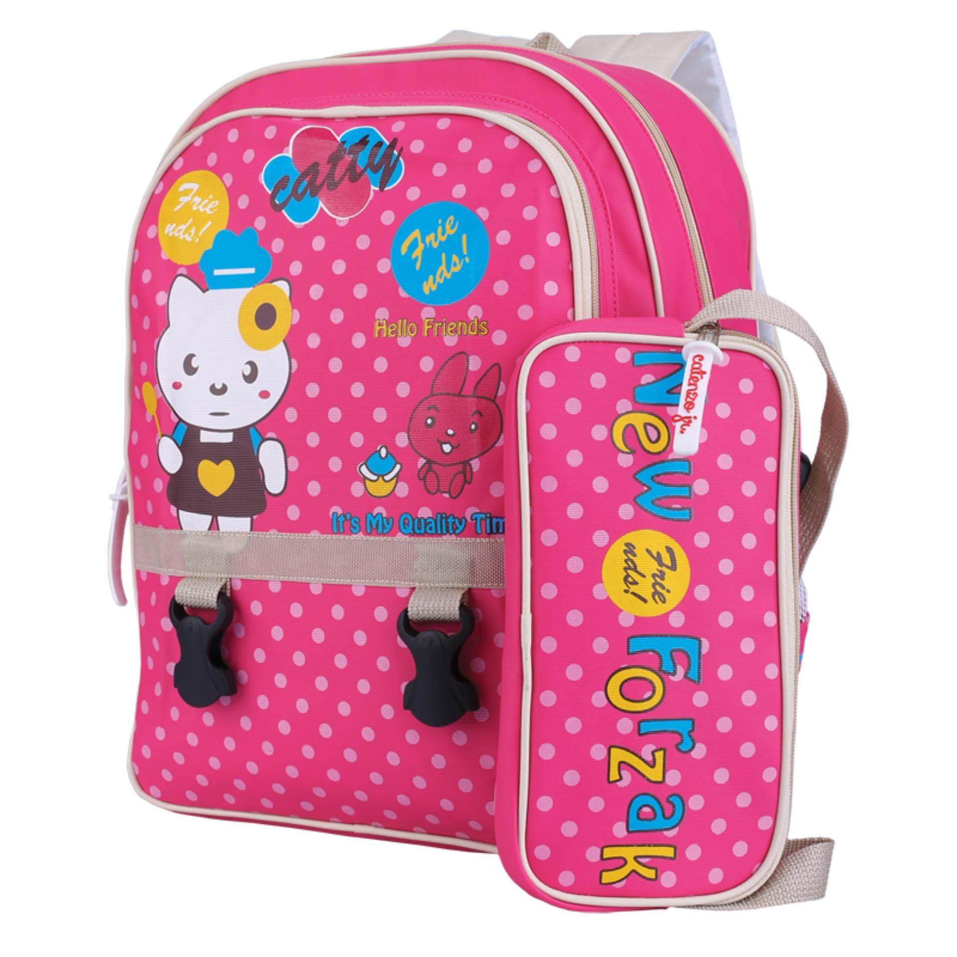 Tas Ransel Anak Perempuan Backpack Casual Sekolah SD Cewek Motif Kitty Polkadot Pink Tempat Pensil Case