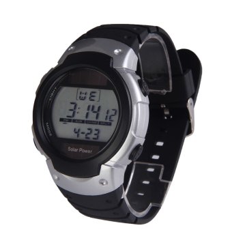 Tenaga Surya Olahraga Unisex Dengan Lampu Latar EL Kalender Jam Stopwatch (perak Dan Hitam)  