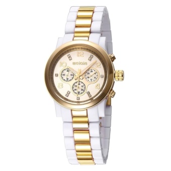 WeiQin 3687 Number Rhinestone Scale Round Dial Three Decoration Dial Fashion Women Quartz Watch With Plastic and Alloy Band (White + Gold White) - intl  
