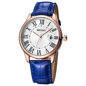 WEIQIN Women Leather Band Quartz Movement Wrist Watch with Magnifying Glass Calendar - Blue - intl  