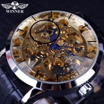 Winner Classic Series Golden Movement Inside Silver Stainless Steel Mens Skeleton Watch Top Brand Luxury Fashion Automatic Watch - intl  