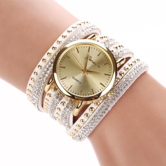 Women Crystal Rivet Bracelet Quartz Braided Winding Wrap Wrist Watch -White - intl  