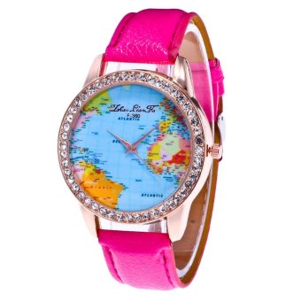 Women World Map Quartz Leather Analog Wrist Watch Round Case Watch Hotpink - intl  