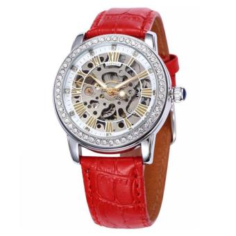 woppk New Women Crystal Mechanial Watches Waterproof Shenhua Top Brand Luxury Rose Gold Automatic Mechanical Skeleton Watches Women (Red)  