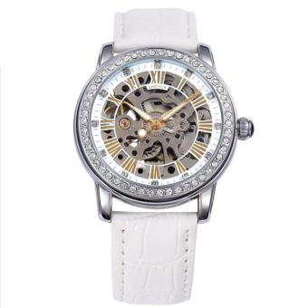 woppk New Women Crystal Mechanial Watches Waterproof Shenhua Top Brand Luxury Rose Gold Automatic Mechanical Skeleton Watches Women (White)  