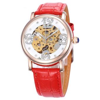 wuhup New Women Mechanial Watches Shenhua Top Brand Luxury Rose Gold Automatic Mechanical Skeleton Watches Women 30M Waterproof Reloj (Red)  