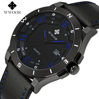 WWOOR 8014 Luxury Brand Watch Men Military Sports Watches Men's Quartz Analog 3D Face Hour Clock Male Leather Belt table Wrist Watch, Blue - intl  