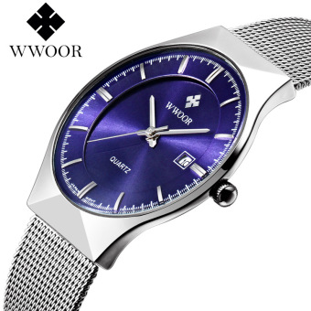 WWOOR jam tangan pria Sport jam kuarsa sangat tipis Male Silver-nada sangat jala baja tahan karat jam tangan dengan tanggal (biru)- ???? ??????  