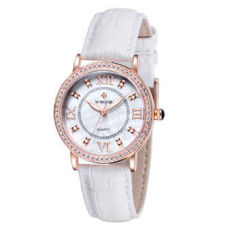 WWOOR merek teratas kulit asli jam tangan wanita Diamond gaun mewah bercahaya Analog wanita jam kuarsa, putih - International  