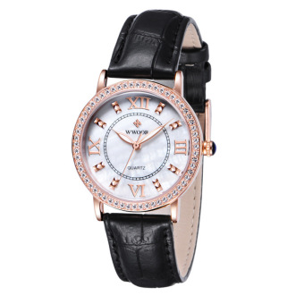 WWOOR Top Brand Genuine Leather Diamond Luxury Dress Watch Women Watches Luminous Analog Ladies Quartz Watch, Black - intl  
