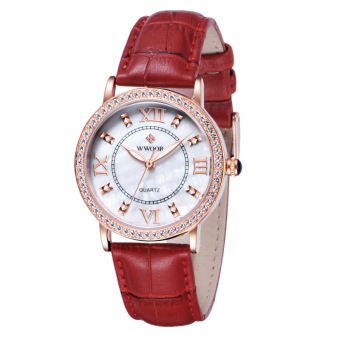 WWOOR Top Brand Genuine Leather Diamond Luxury Dress Watch Women Watches Luminous Analog Ladies Quartz Watch, Red - intl  