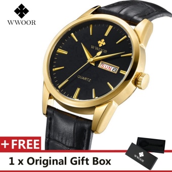 WWOOR Top Luxury Brand Watch Famous Fashion Sports Cool Men Quartz Watches Calendar Waterproof Leather Wristwatch For Male Black Gold - intl  