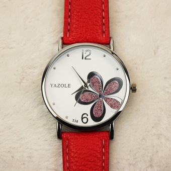 Yazole Round Dial Stainless Steel Water Resistance Flower Pattern Leather Watch - Red Strap - intl  