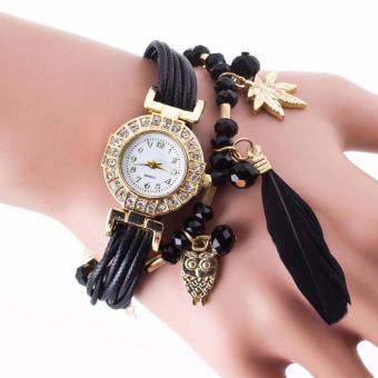 YBC Woman Fashion Quartz Diamond Feather Leaf Owl Strap Bracelet String Wristwatch - intl  