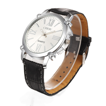 Yika Men Stainless Steel Leather Band Quartz Wrist Watch (Black+White)  